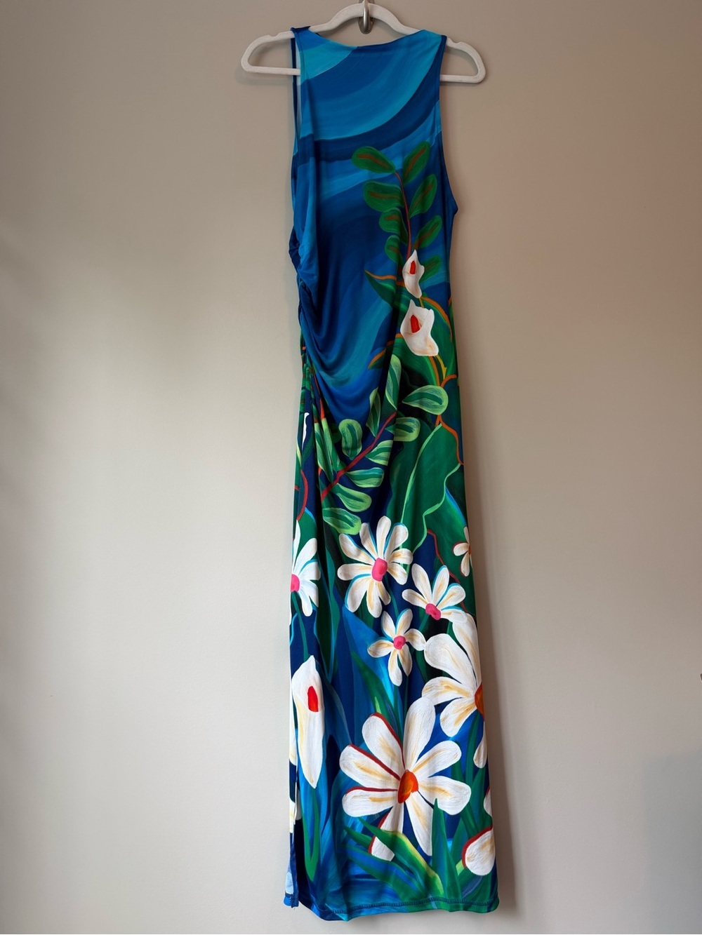 NWT FARM Rio for Anthropologie Blue Floral Ruched Maxi Dress L